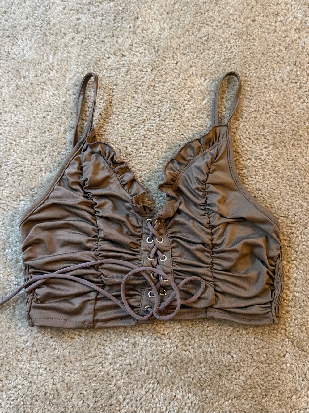 Womens S Brown Y2K Stretchy Crop Top W Ruffle & Tie Detail: Party Night Out goth